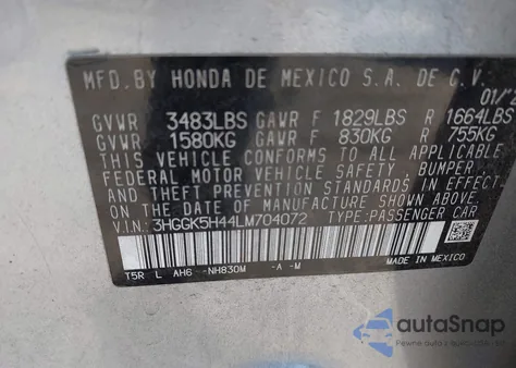 2020 Honda Fit Lx z USA, uszkodzony, nr VIN 3HGGK5H44LM704072